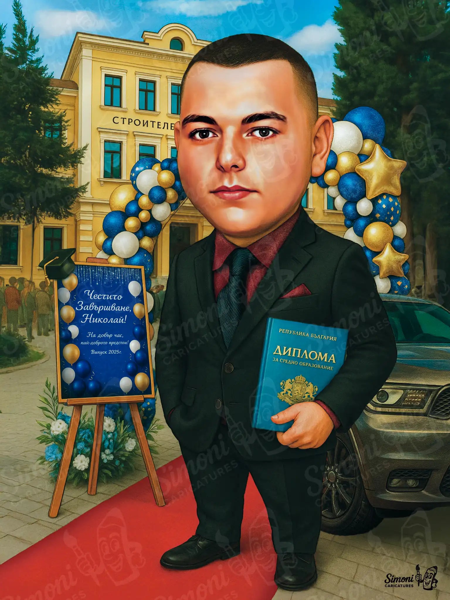 Карикатура на млад мъж с диплома пред училище, тематичен портрет за завършване, персонализиран подарък, Simoni Caricatures.